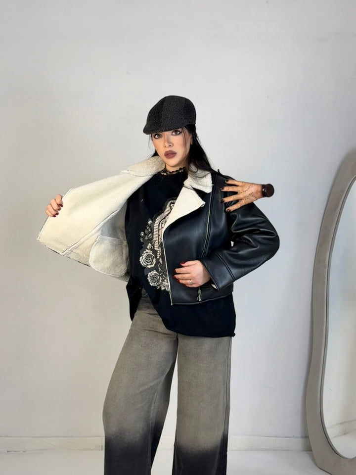 Montone in eco pelle con pelliccia “Noir”