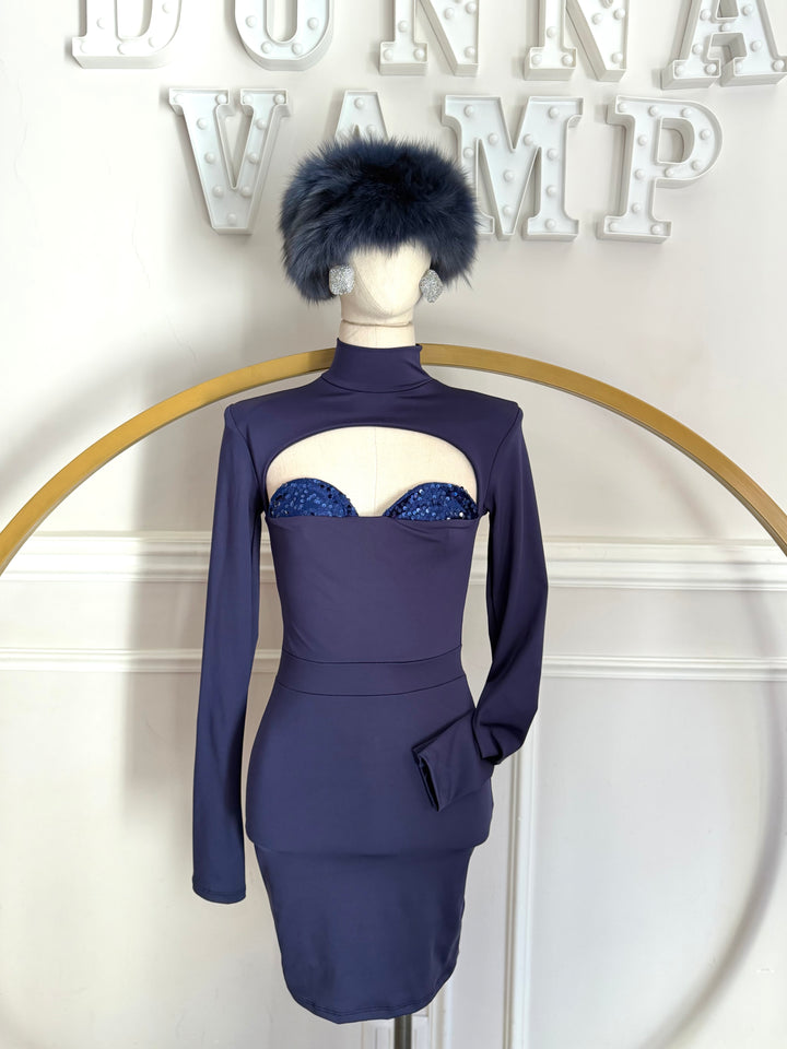 Abito con maniche a quanto e dettaglio in velluto e paillettes “Royale”