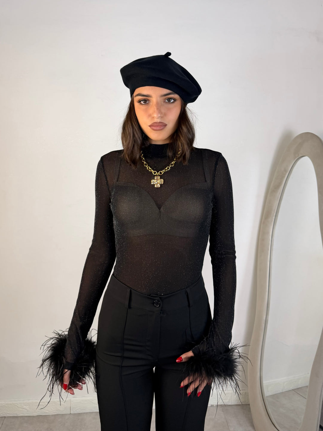 Body in lurex con piume “Sephora”