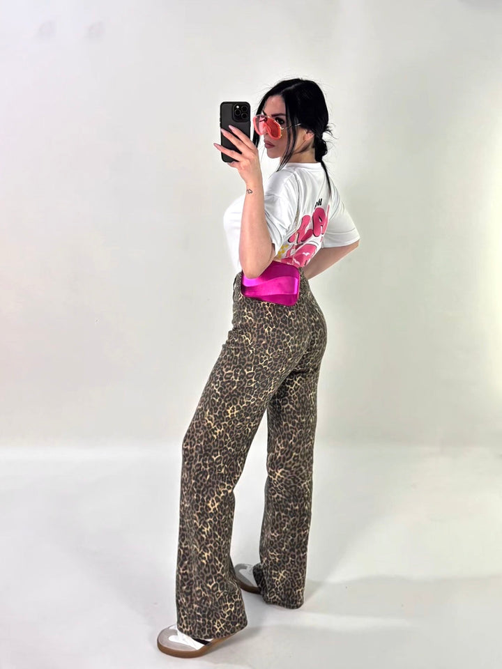Jeans vita alta wide leg leopardato