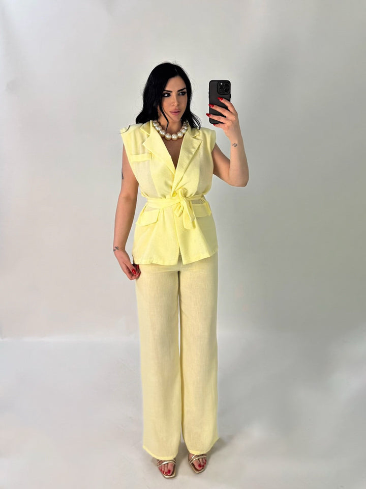 Tailleur effetto lino con fusciacca “Josephine”