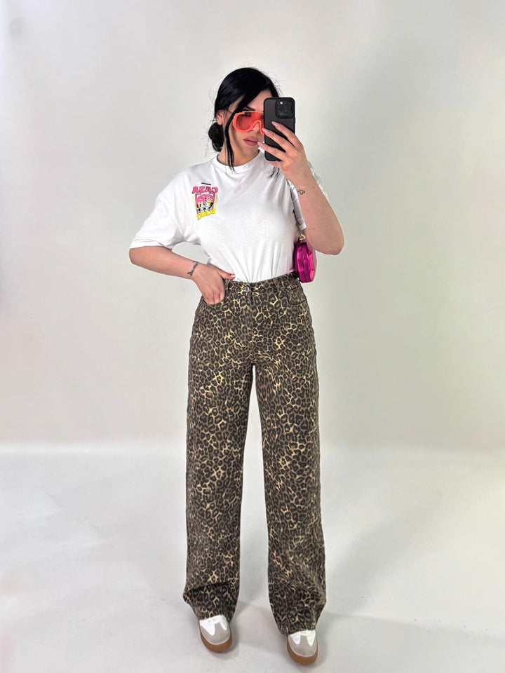 Jeans vita alta wide leg leopardato