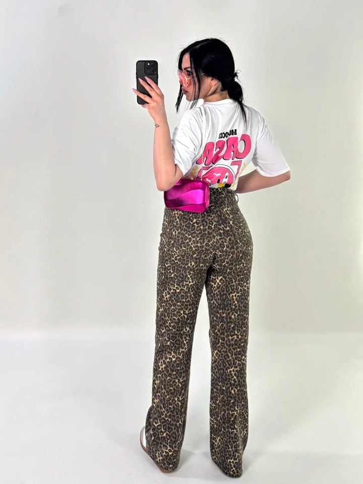Jeans vita alta wide leg leopardato
