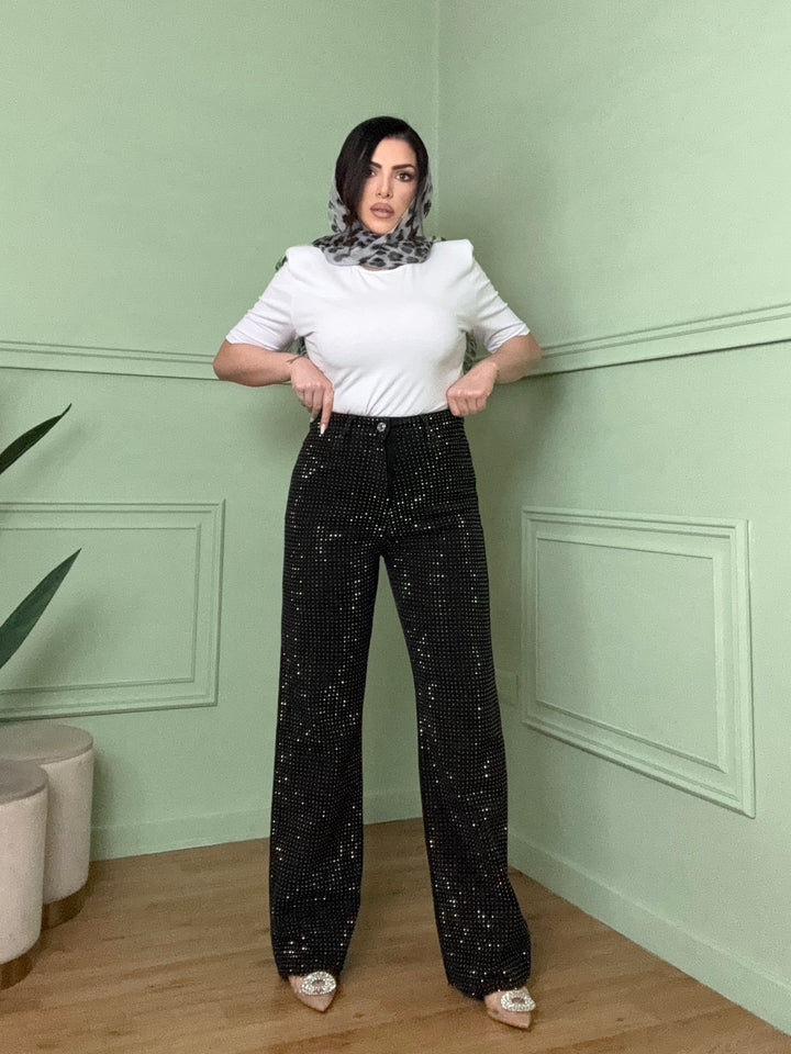 Jeans con strass a palazzo “Wanda”