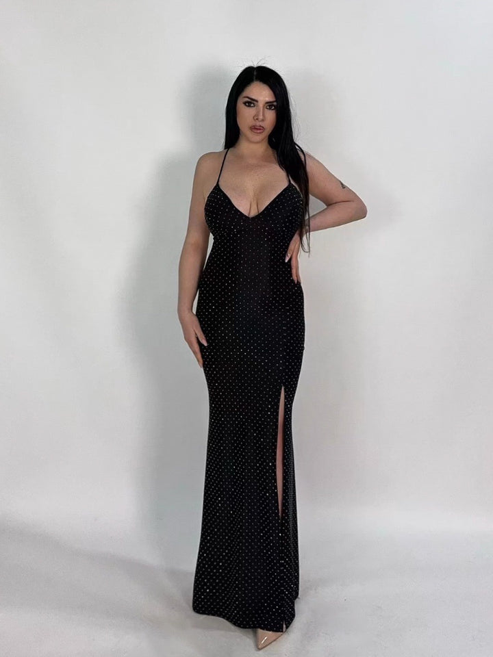 Abito lungo a sirena con strass e scollo dietro “Martina”