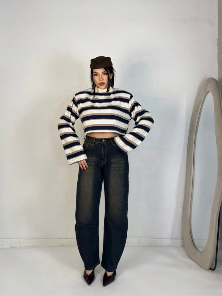 Jeans baggy elastico lavaggio scuro e sabbia