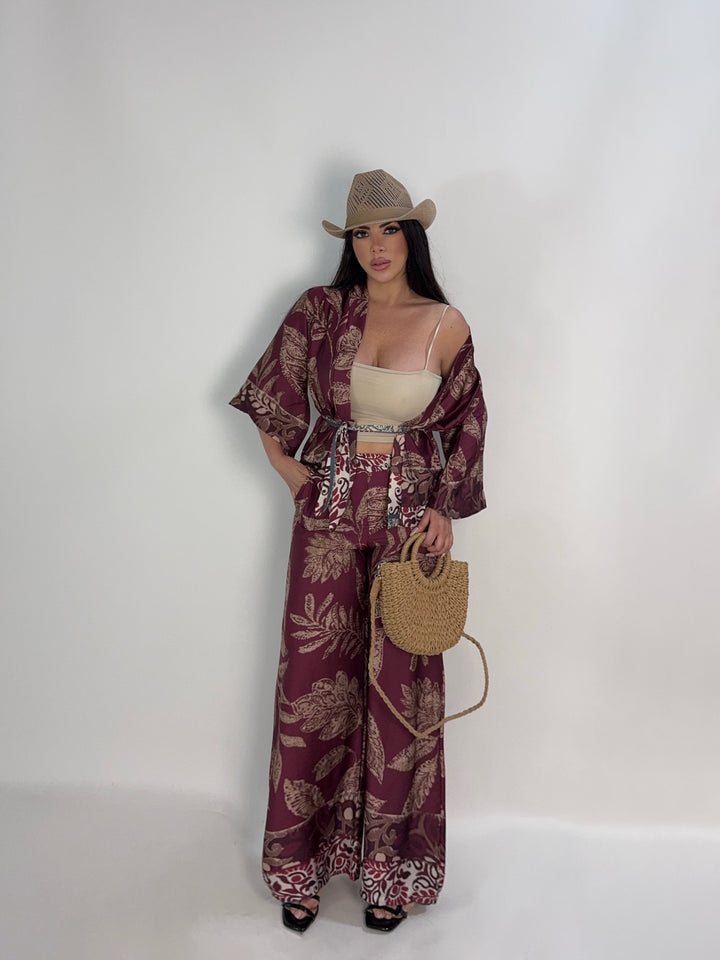 Coordinato kimono e pantaloni in raso “Arizona”