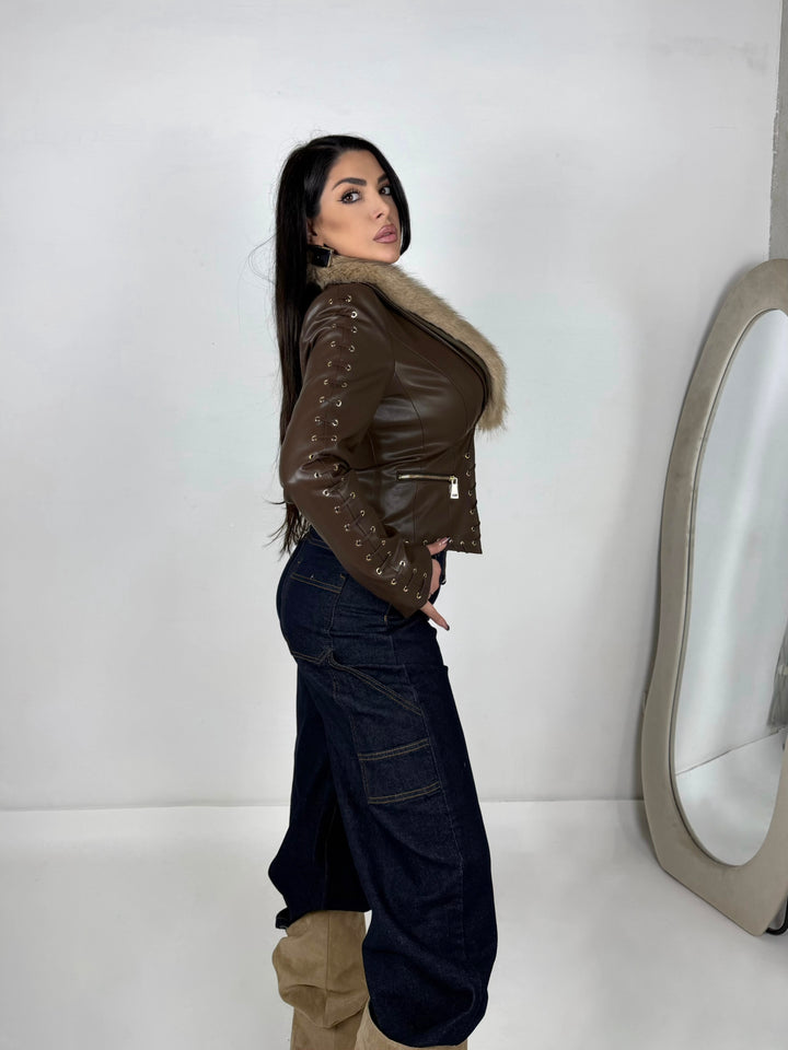 Giubbotto in eco pelle imbottito e collo removibile “Alexia”