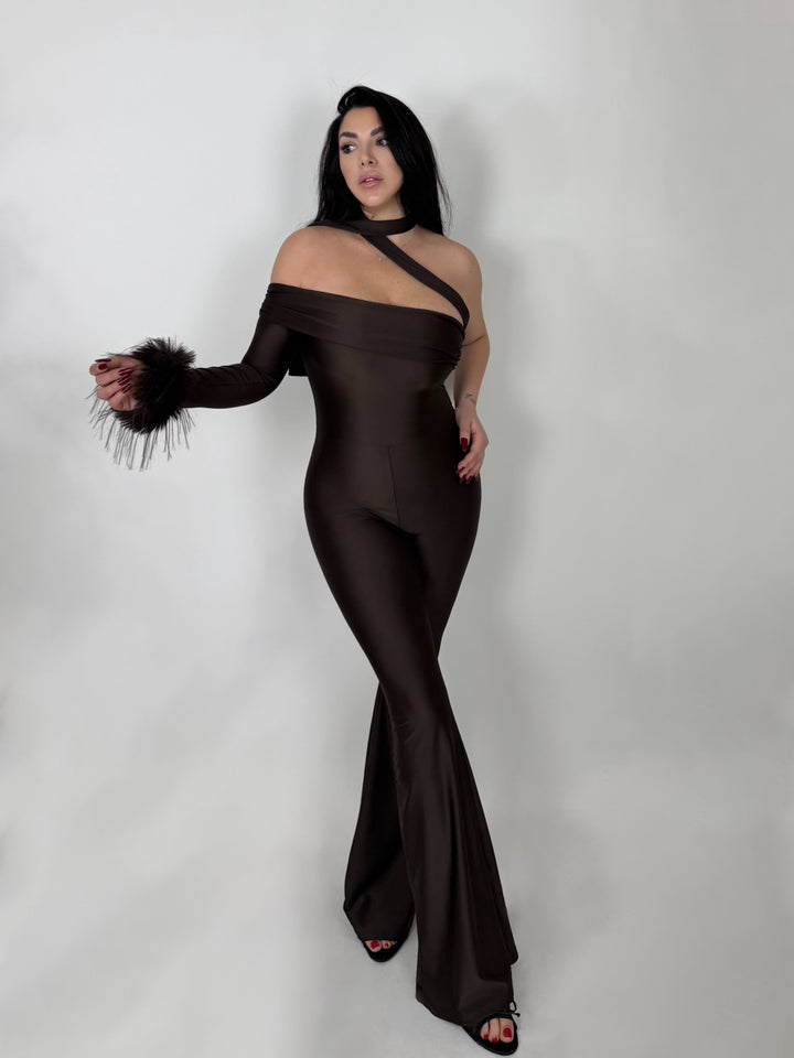 Tuta a monospalla con dettaglio piume “Poison”