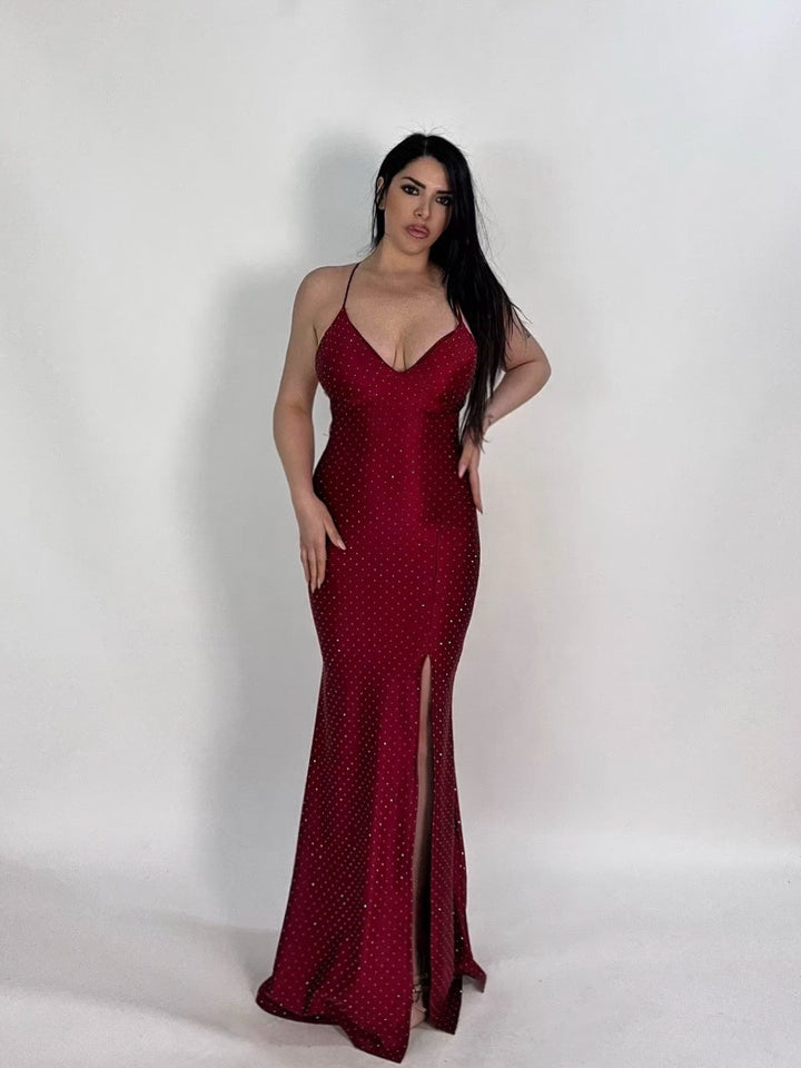 Abito lungo a sirena con strass e scollo dietro “Martina”