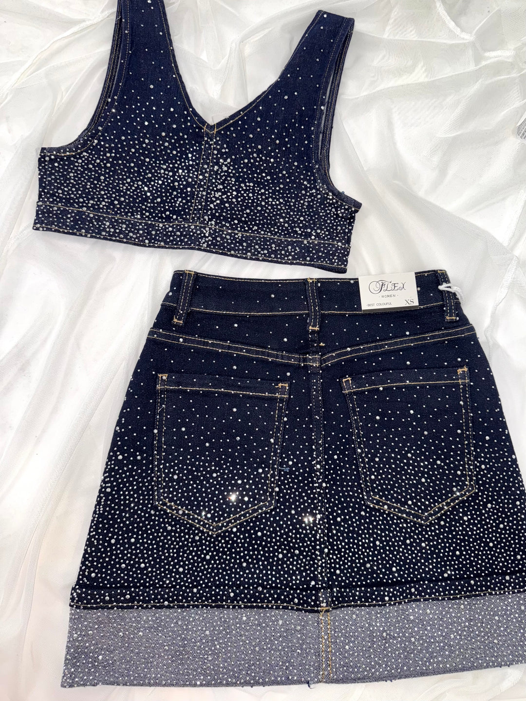 Coordinato in jeans top e gonna con strass “Shine”