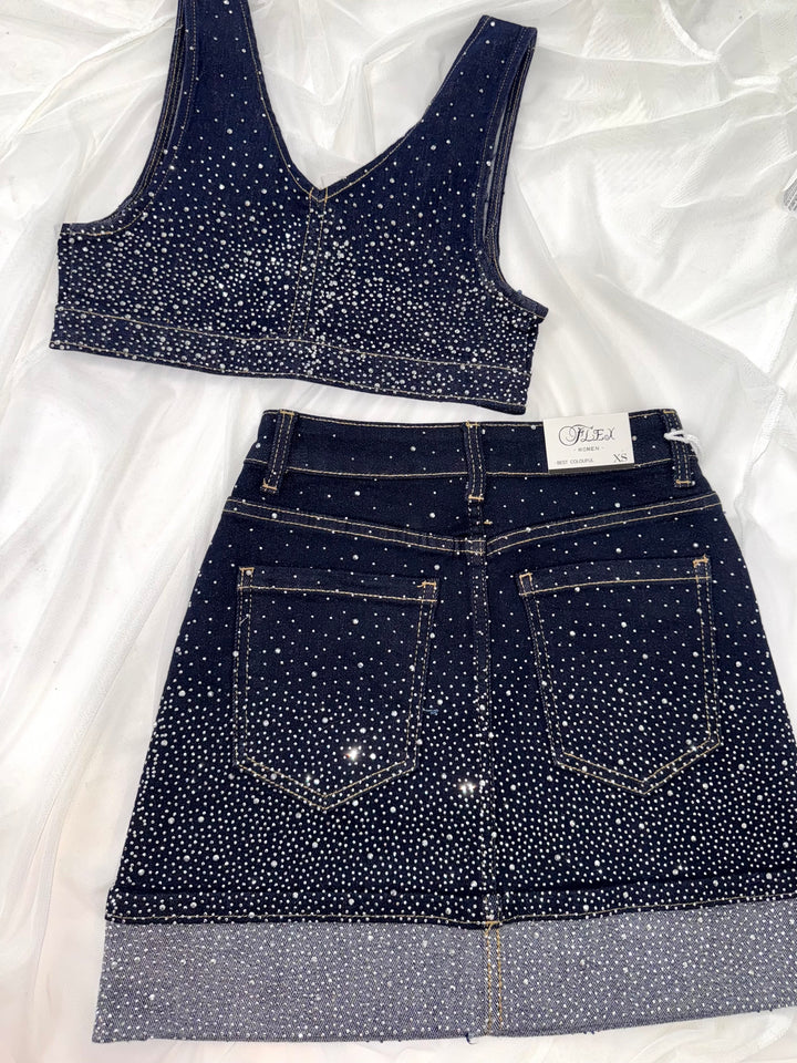 Coordinato in jeans top e gonna con strass “Shine”