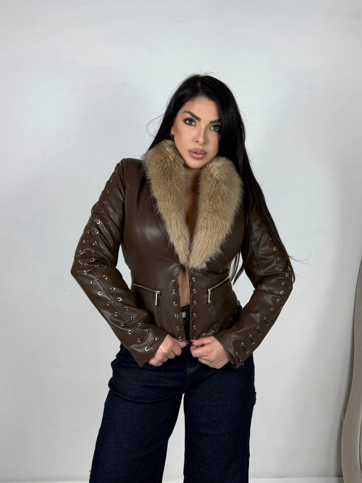 Giubbotto in eco pelle imbottito e collo removibile “Alexia”