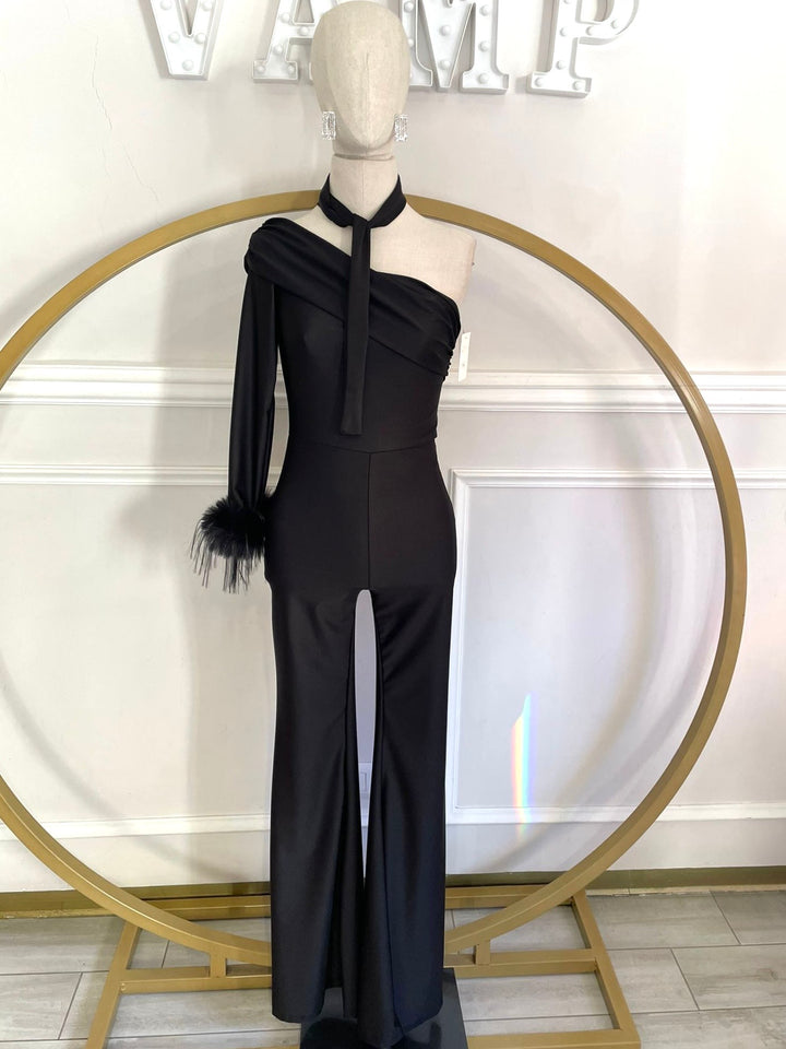 Tuta a monospalla con dettaglio piume “Poison”