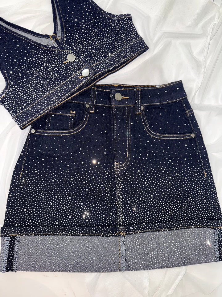 Coordinato in jeans top e gonna con strass “Shine”