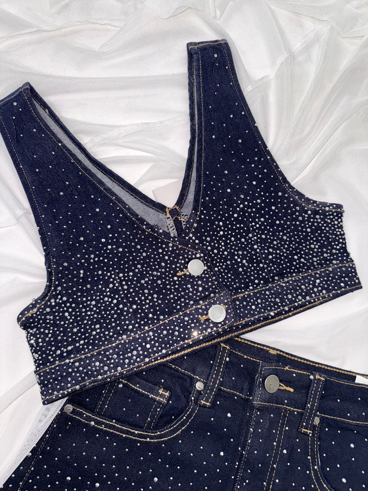 Coordinato in jeans top e gonna con strass “Shine”