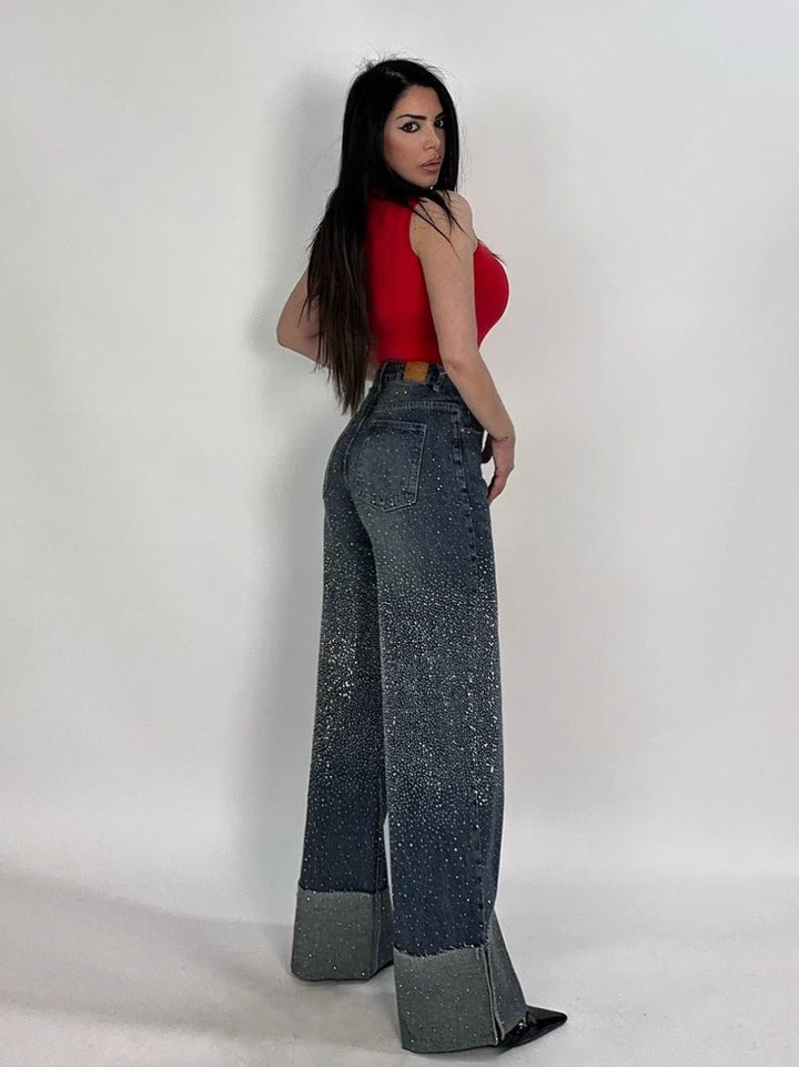 Jeans wide leg con risvolto e strass “Sonia”