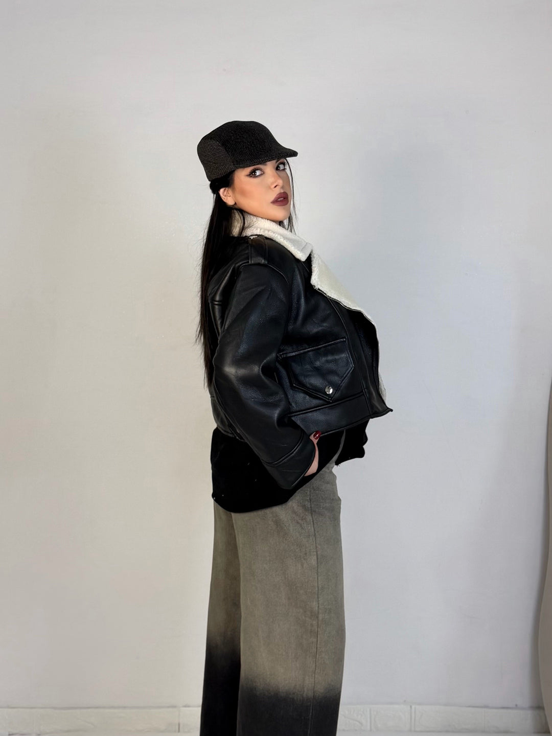 Montone in eco pelle con pelliccia “Noir”