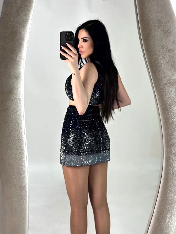 Coordinato in jeans top e gonna con strass “Shine”