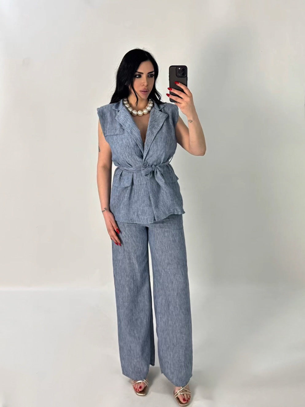 Tailleur effetto lino con fusciacca “Josephine”