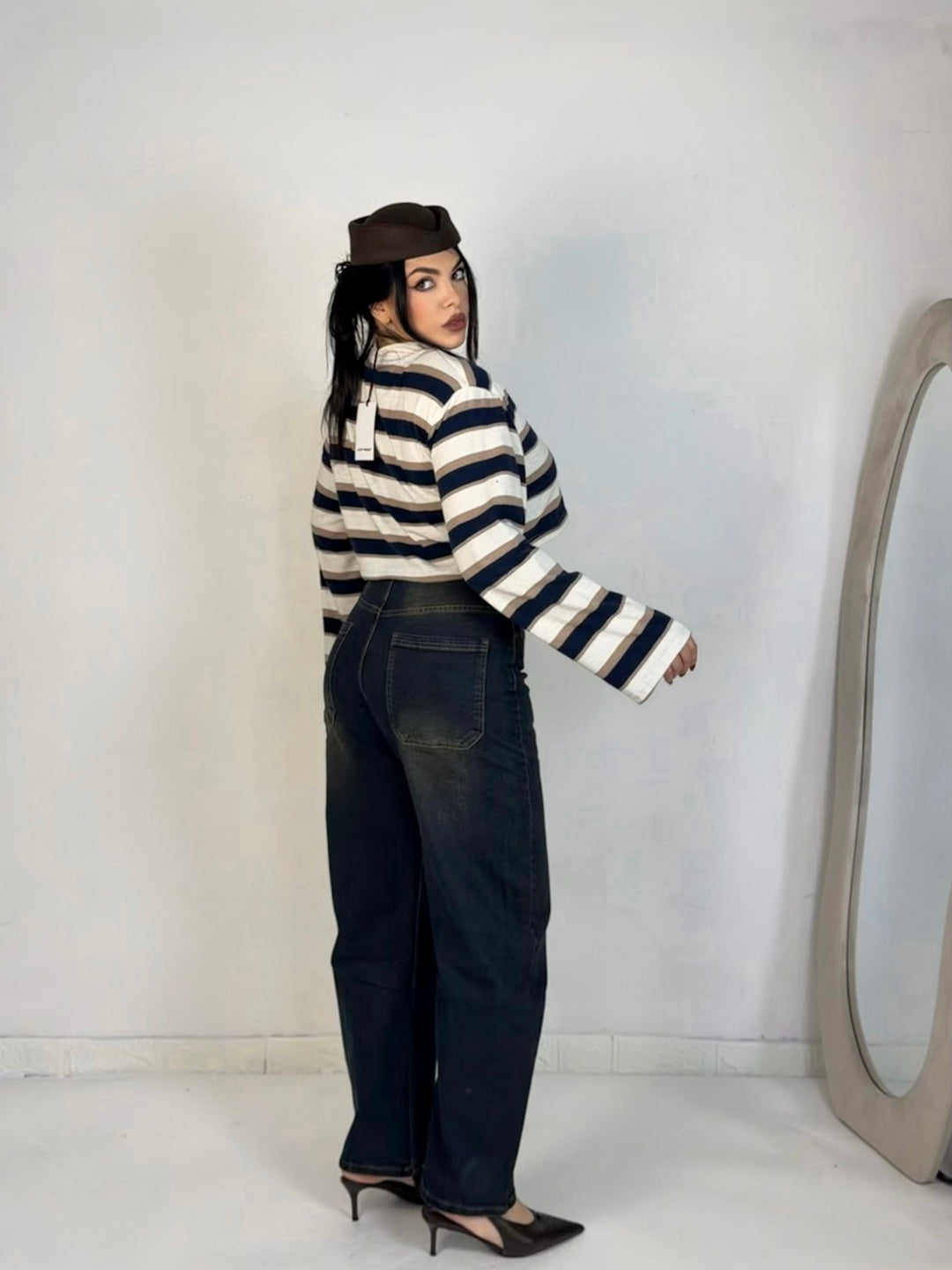 Jeans baggy elastico lavaggio scuro e sabbia