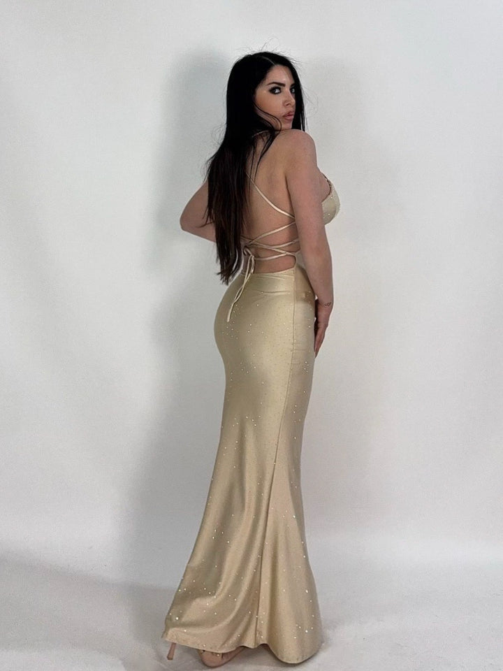 Abito lungo a sirena con strass e scollo dietro “Martina”