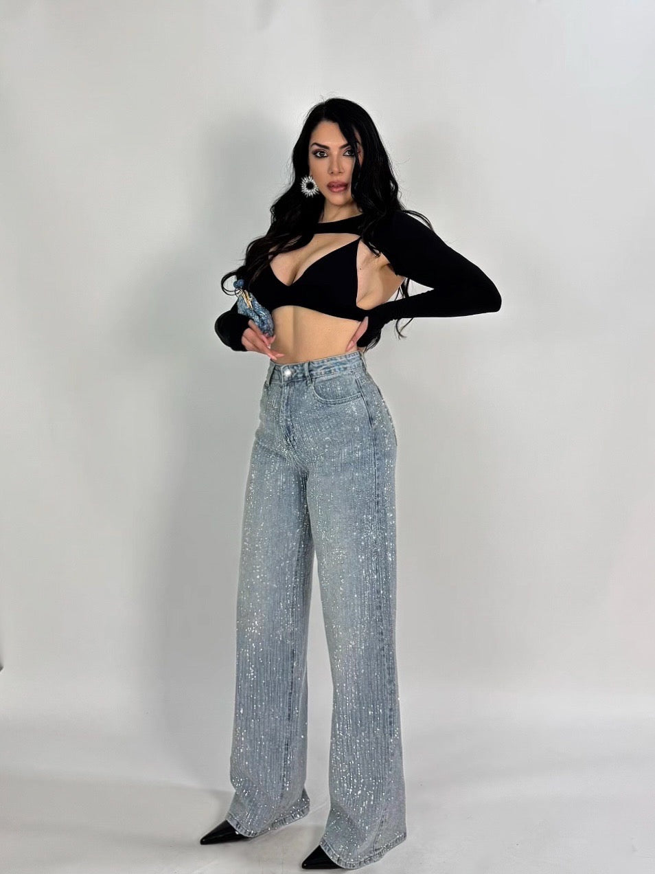 Jeans wide leg con strass “Valeria”