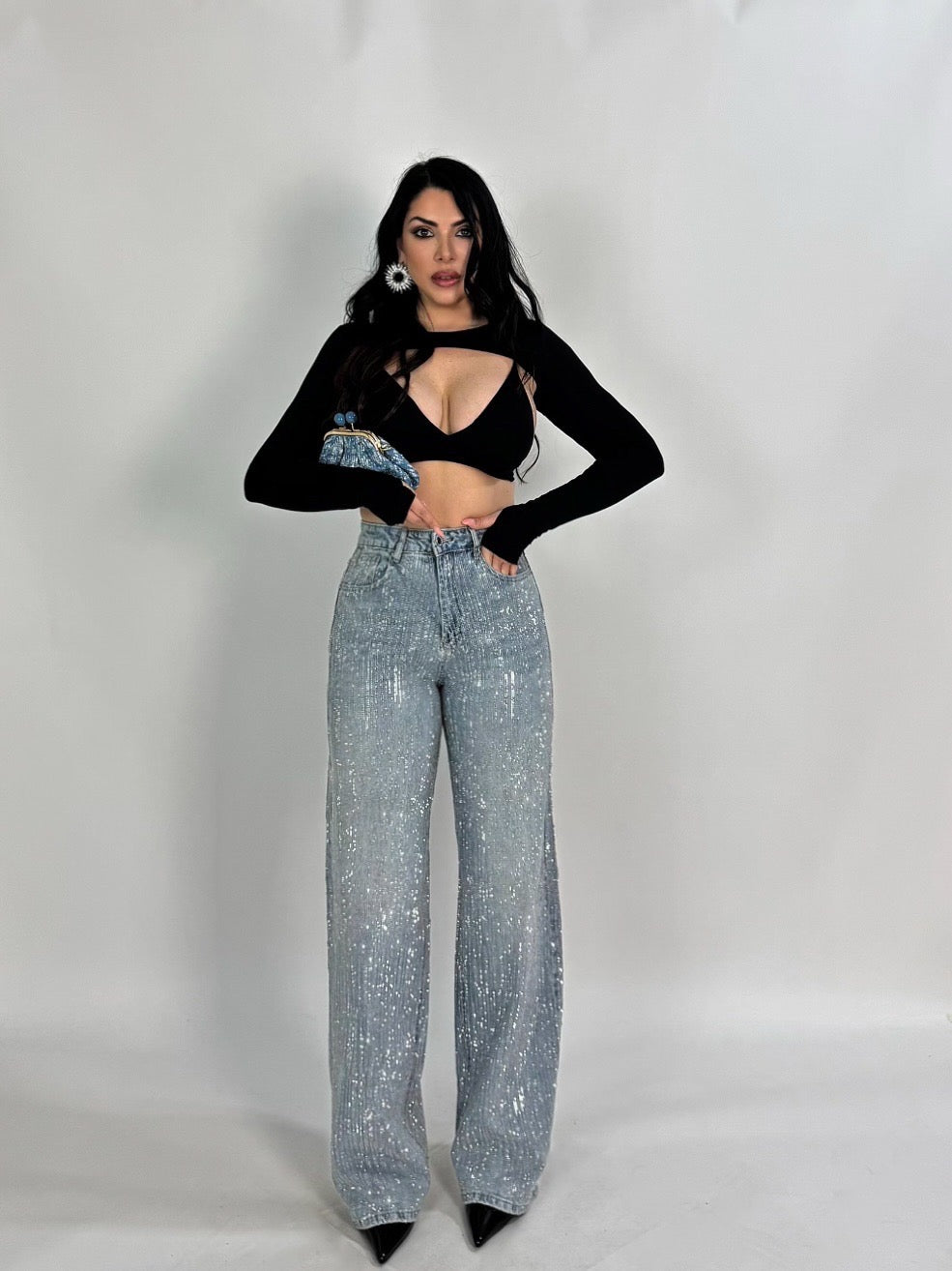 Jeans wide leg con strass “Valeria”