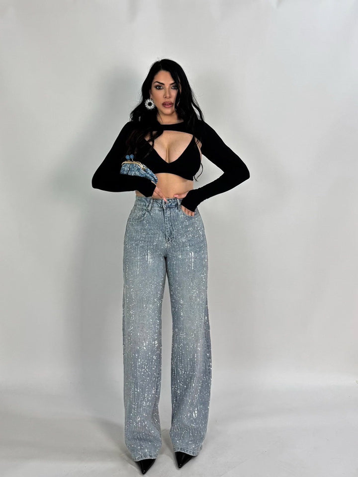 Jeans wide leg con strass “Valeria”