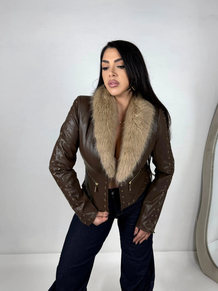 Giubbotto in eco pelle imbottito e collo removibile “Alexia”