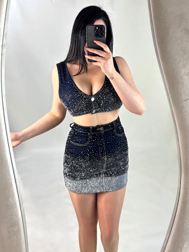 Coordinato in jeans top e gonna con strass “Shine”