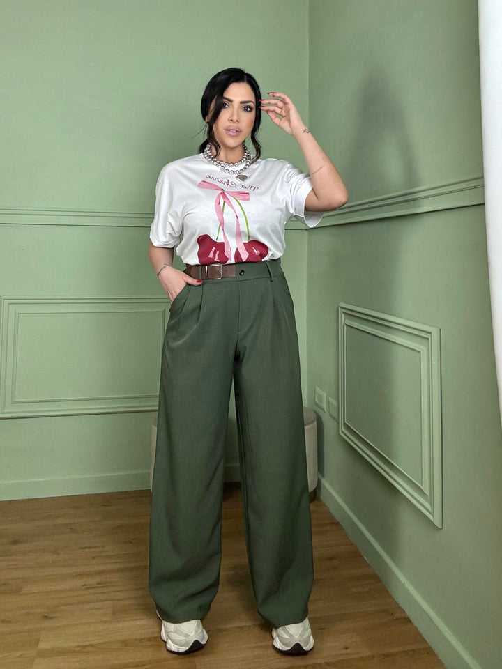 Pantaloni a palazzo con elastico dietro e finta cintura in simil pelle “Milly”