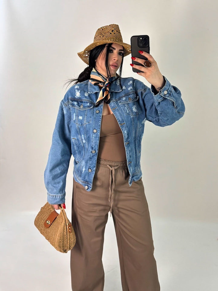 Giubbotto bomber in jeans con strappi “Riviera”