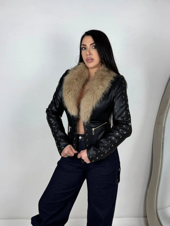 Giubbotto in eco pelle imbottito e collo removibile “Alexia”