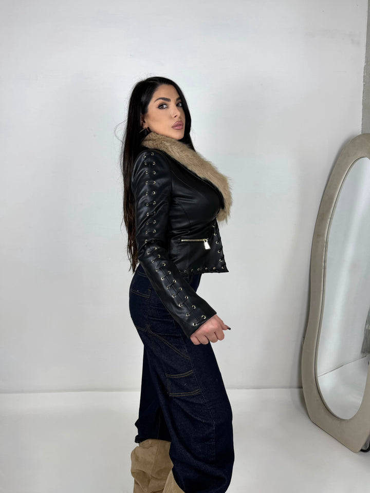 Giubbotto in eco pelle imbottito e collo removibile “Alexia”