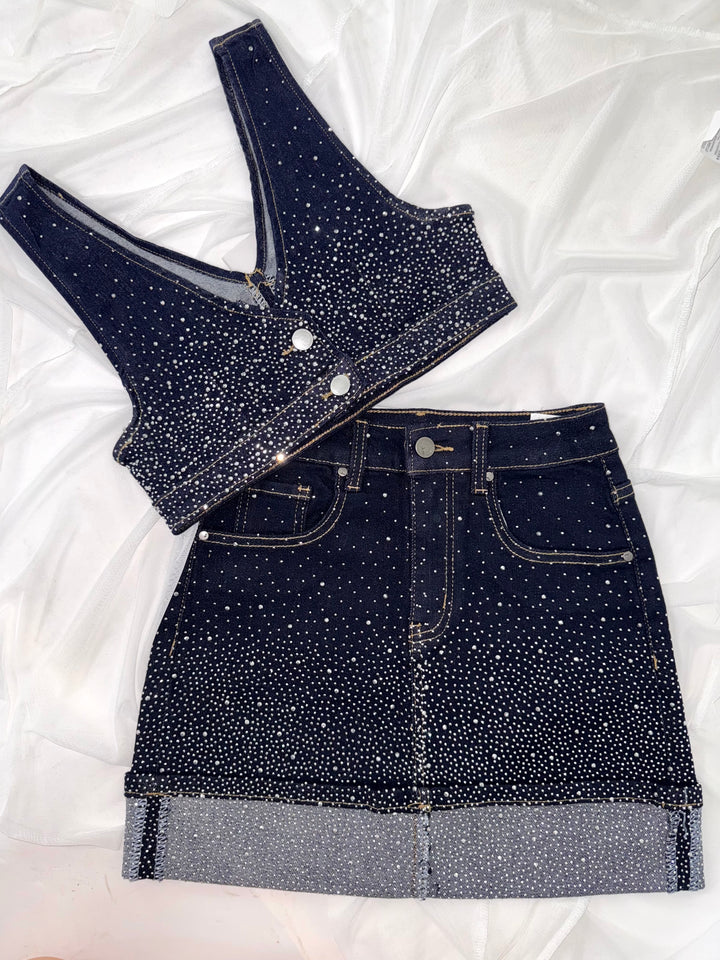 Coordinato in jeans top e gonna con strass “Shine”