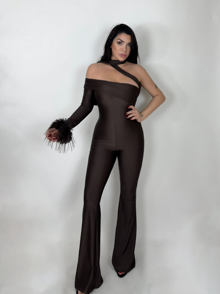 Tuta a monospalla con dettaglio piume “Poison”